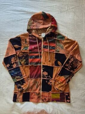 Parsley & Sage Patchwork Hooded Zip Jacket - Rust, Navy, Green Accents